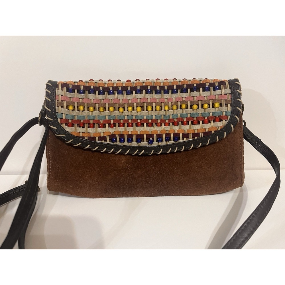 Miss Me Brown Suede Rainbow Glass Beads Mini Crossbody Adjustable Boho Hippie